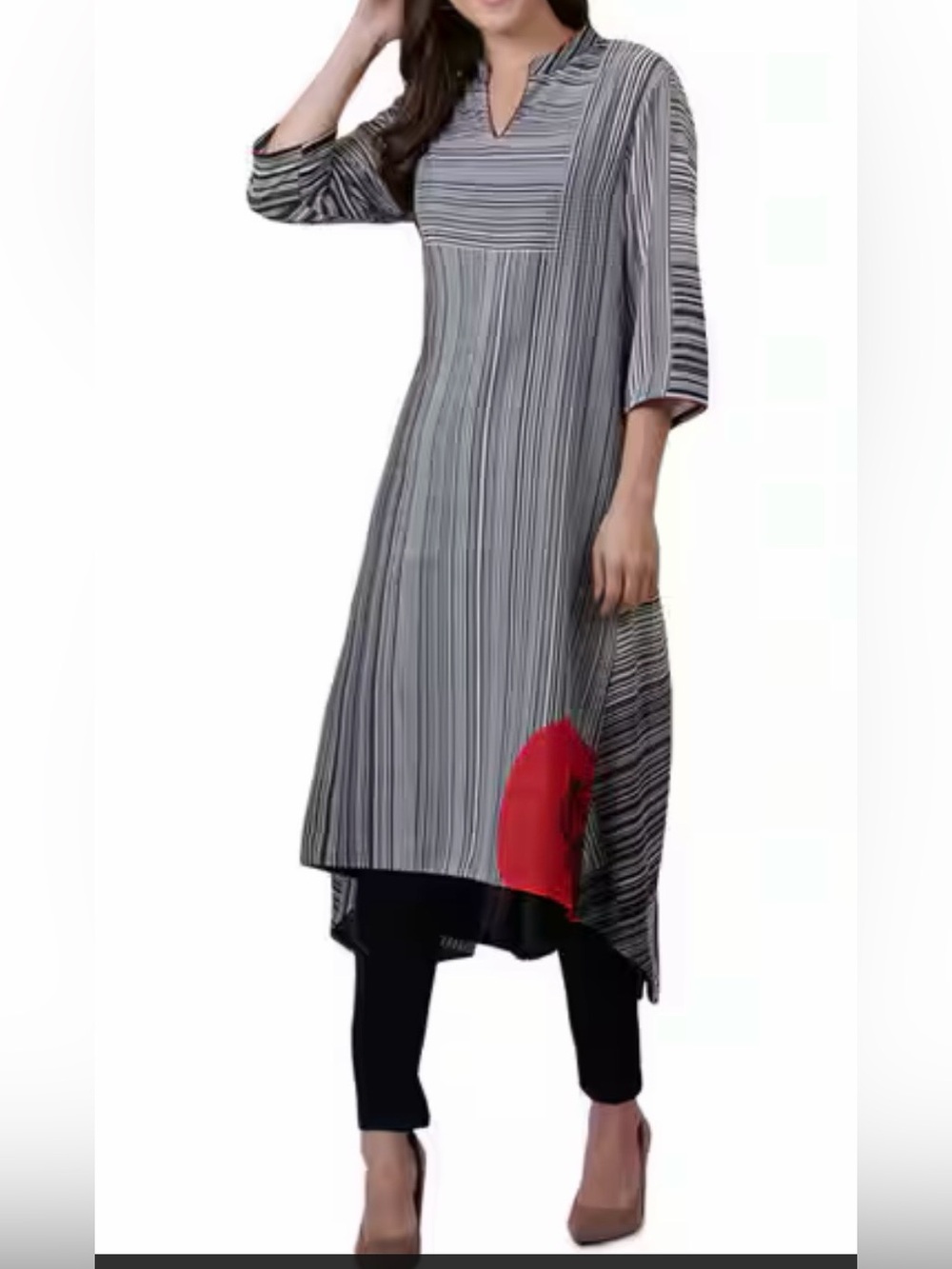 Satya Paul Gray Striped Long Kurta with Red Accent